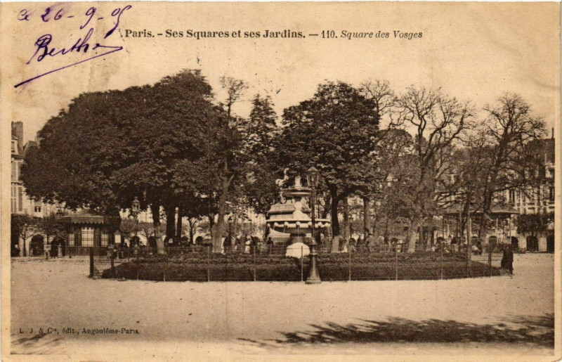 Carte postale ancienne Paris Ses Squares et ses Jardins. 110. Square des Vosges à Paris
