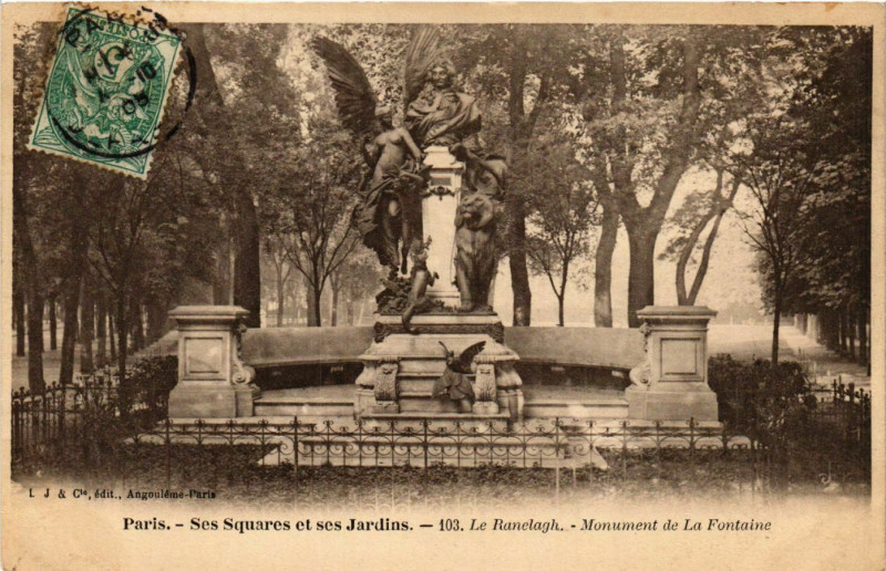 Carte postale ancienne Le Ranelagh - Monument de La Fontaine à Paris 16e