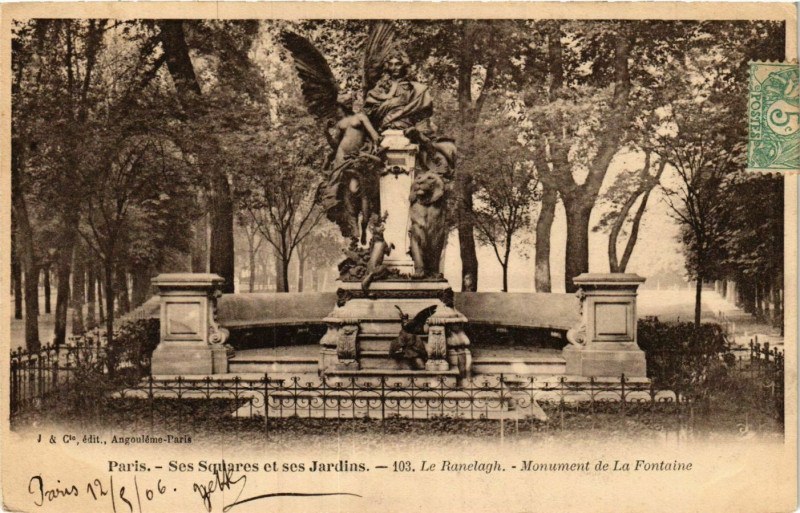 Carte postale ancienne Le Ranelagh - Monument de La Fontaine à Paris 16e