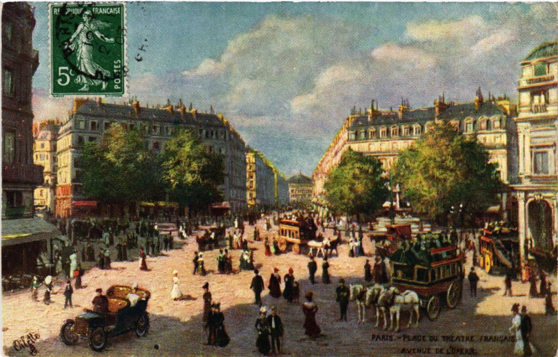 Carte postale ancienne Paris (9e) Place du Théatre Francais Avenue de l'Opera à Paris 9e