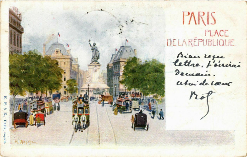 Carte postale ancienne Paris 4e Place de la Republique advertisement on the back à Paris 4e