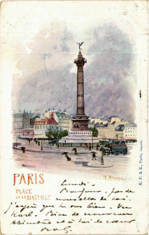 Carte postale ancienne Paris 4e Place de la Bastille advertisement on the back à Paris 4e