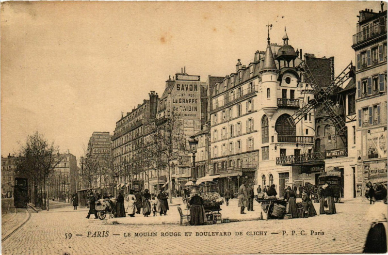 Carte postale ancienne Le Moulin Rouge et le Boulevard de Clichy à Paris 9e