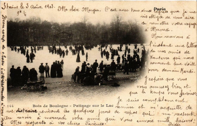 Carte postale ancienne Bois de Boulogne - Patinage sur le Lac à Paris