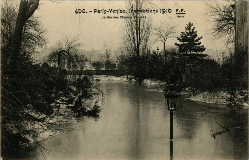 Carte postale ancienne Paris Venise Inondations 1910 Jardin des Champs-Elysées à Paris