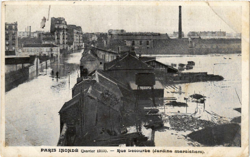 Carte postale ancienne Paris inondé (janvier 1910) - Rue Lecourbe (Jardins maraichers) à Paris 15e