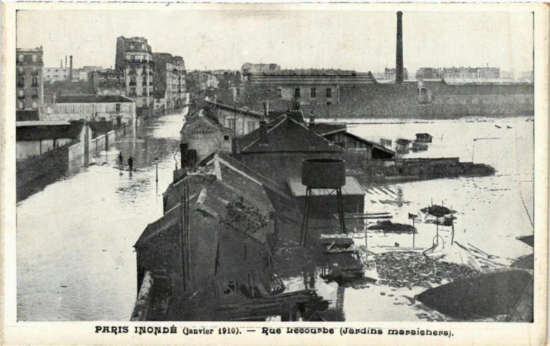 Carte postale ancienne Paris inondé (janvier 1910) - Rue Lecourbe (Jardins maraichers) à Paris 15e