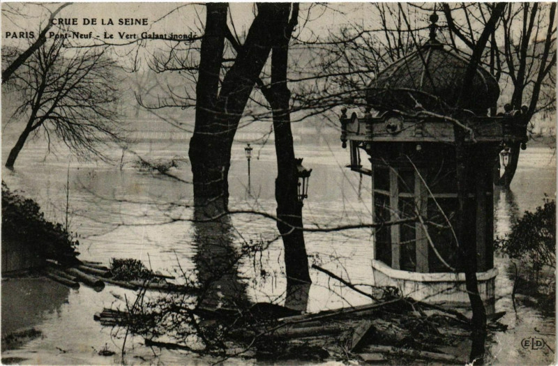 Carte postale ancienne Paris Crue de la Seine 1910 Pont-Neuf Vert Galant à Paris