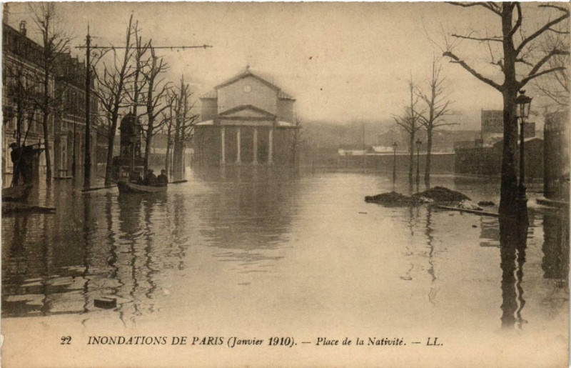 Carte postale ancienne Inondations de Paris (Janvier 1910) - Place de la Nativité à Paris 12e