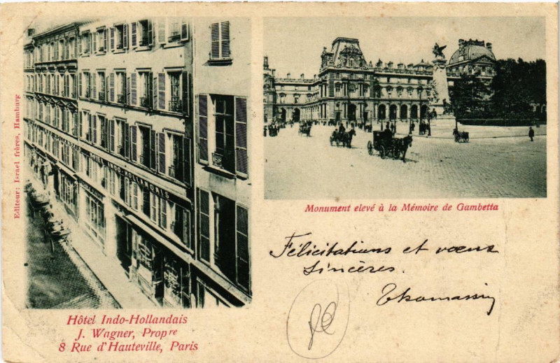 Carte postale ancienne Paris (1e) 8 rue d'Hauteville. Hotel Indo-Hollandais à Paris 1er