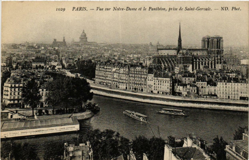 Carte postale ancienne Paris (4e) vue sur N - D. et le Pantheon à Paris 4e