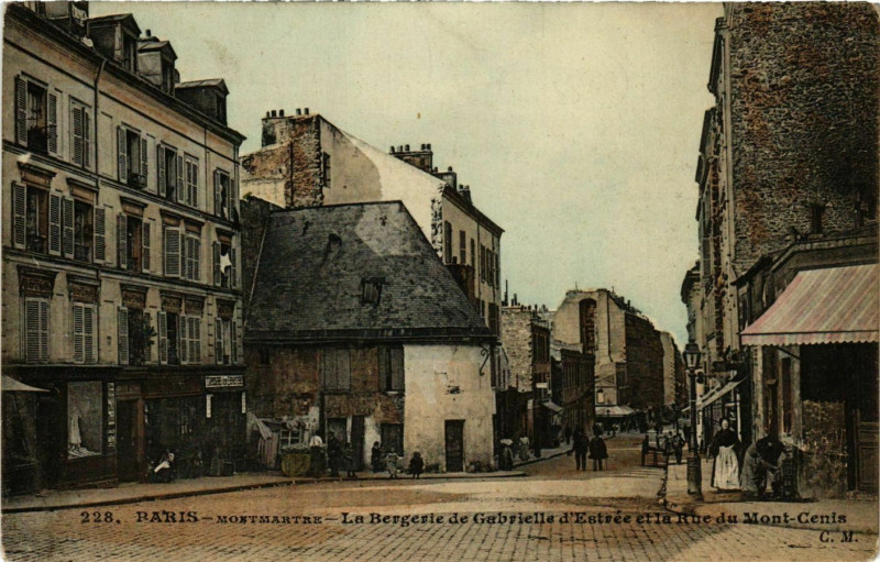 Carte postale ancienne Montmartre - L'ancienne Bergerie de Gabrielle d'Estrée et la Rue du Mont-Cenis à Paris 18e