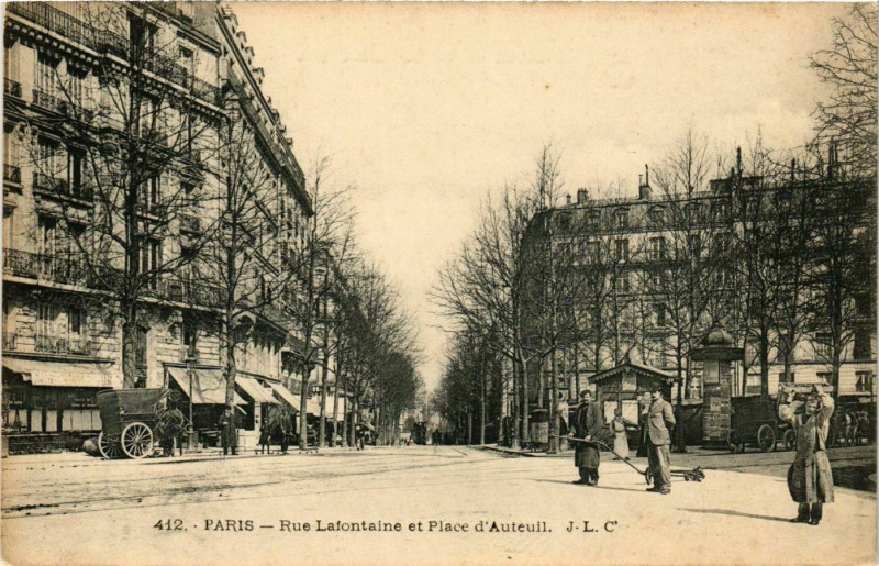 Carte postale ancienne Rue Lafontaine et Place d'Auteuil à Paris 16e