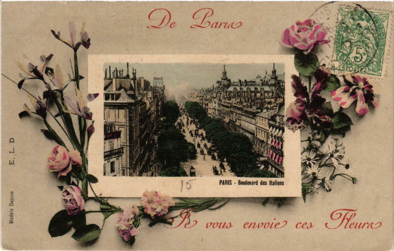 Carte postale ancienne Paris (9e) Boulevard des Italiens Je vous envoie ces Fleurs à Paris 9e