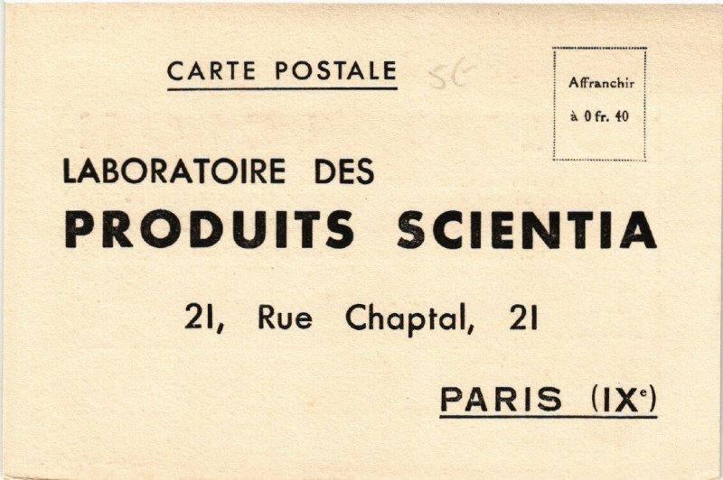 Carte postale ancienne Paris (9e) 21 Rue Chaptal Laboratoire des Produits Scientia à Paris 9e