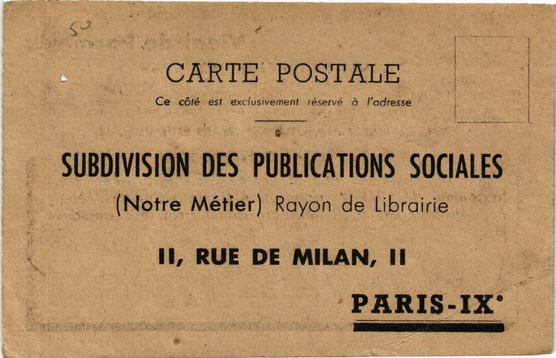 Carte postale ancienne Paris (9e) 11 Rue de Milan. Subdiv des Publications Sociales à Paris 9e
