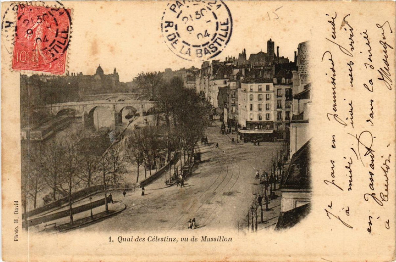 Carte postale ancienne Paris (4e) Quai des Celestins vu de Masillon à Paris 4e