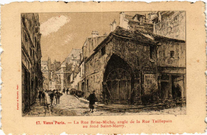 Carte postale ancienne Paris (4e) La Rue BriseüMiche. angle de la Rue Taillepain à Paris 4e