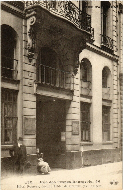 Carte postale ancienne Paris (4e) 56 Reu des Francs-Bourgeois. Hotel Romery à Paris 4e