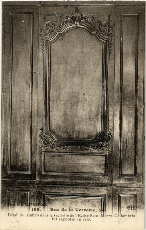 Carte postale ancienne Paris (4e) 76 Rue de la Verrerie. Detail de lambris à Paris 4e