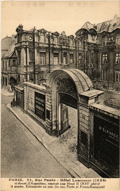 Carte postale ancienne Paris (4e) 24 Rue Pavée. Hotel Lamoignon à Paris 4e