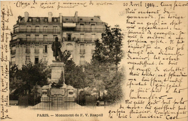 Carte postale ancienne Monument de F. V. Raspail à Paris 14e