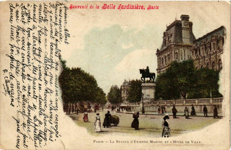 Carte postale ancienne Paris 4e La Statue d'Etienne Marcel et l'Hotel-de-Ville à Paris 4e