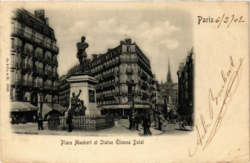 Carte postale ancienne Paris 5e Place Maubert et Statue Etienne Dolet à Paris 5e
