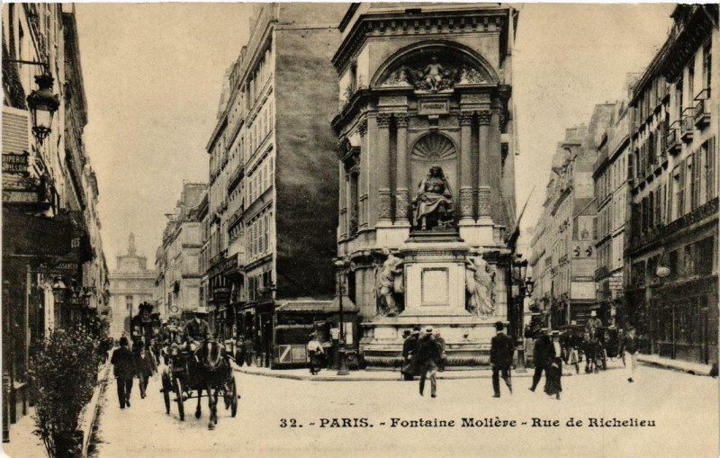 Carte postale ancienne Paris (1e) Fontaine Moliere. Rue de Richelieu à Paris 1er