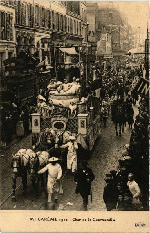 Carte postale ancienne Paris Mi-Careme 1912 Char de la Gourmandise à Paris
