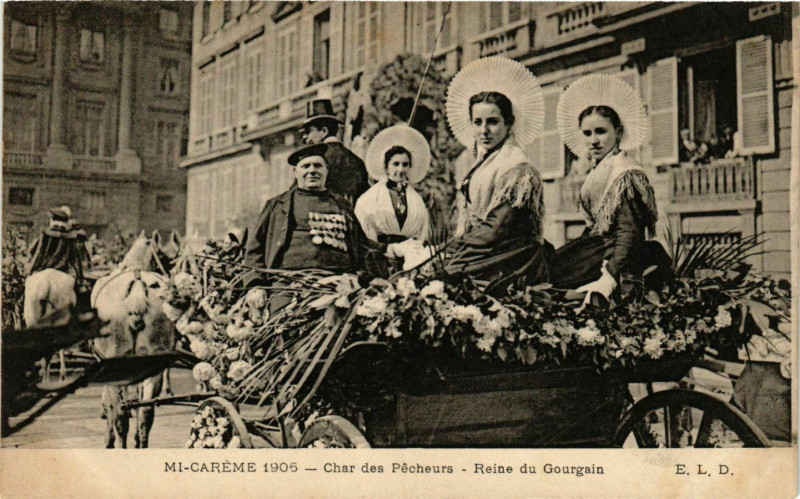 Carte postale ancienne Paris Mi-Careme 1906 Char des Pecheurs Reine du Gourgain à Paris