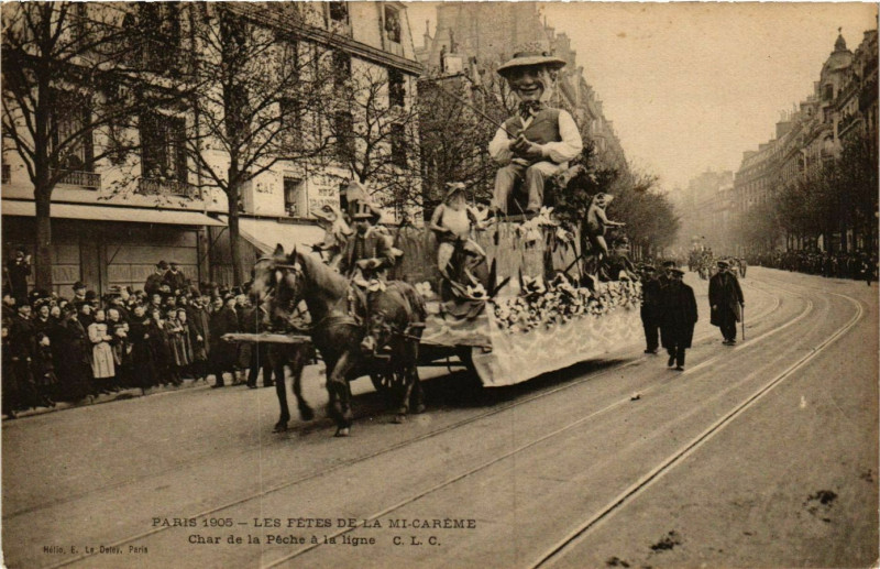 Carte postale ancienne Paris Mi-Careme 1905 Char de la Peche a la ligne à Paris