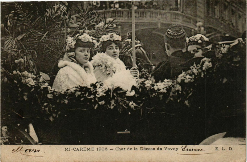 Carte postale ancienne Paris Mi-Careme 1906 Char de la Déesse de Vevey à Paris