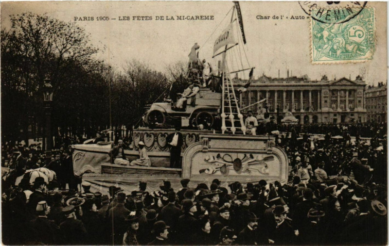 Carte postale ancienne Paris Mi-Careme 1905 Char de l'Auto à Paris