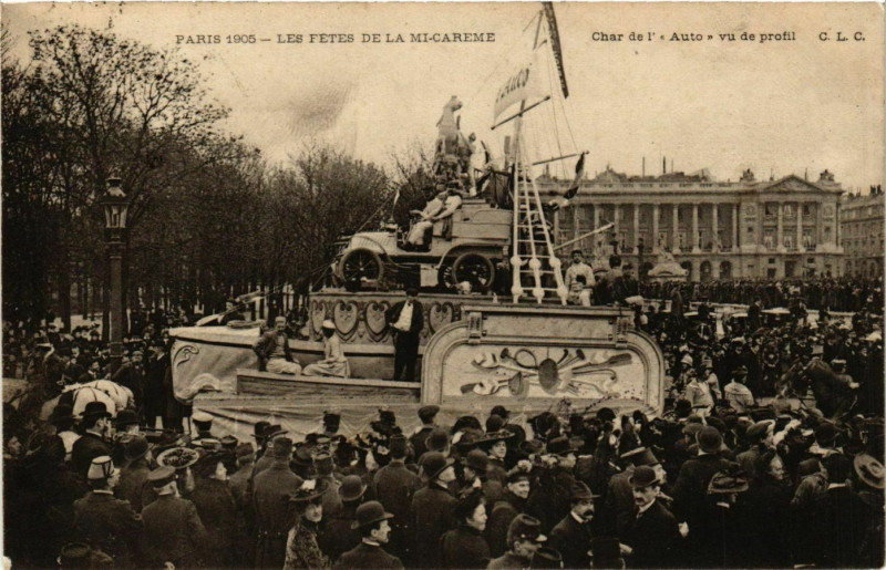 Carte postale ancienne Paris Mi-Careme 1905 Char de l'Auto vu de profil à Paris