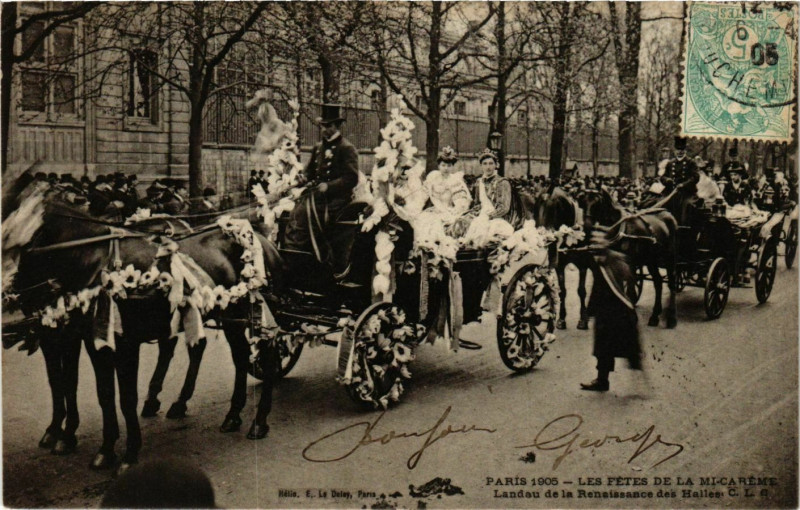 Carte postale ancienne Paris Mi-Careme 1905 Landau de la Renaissance des Halles à Paris