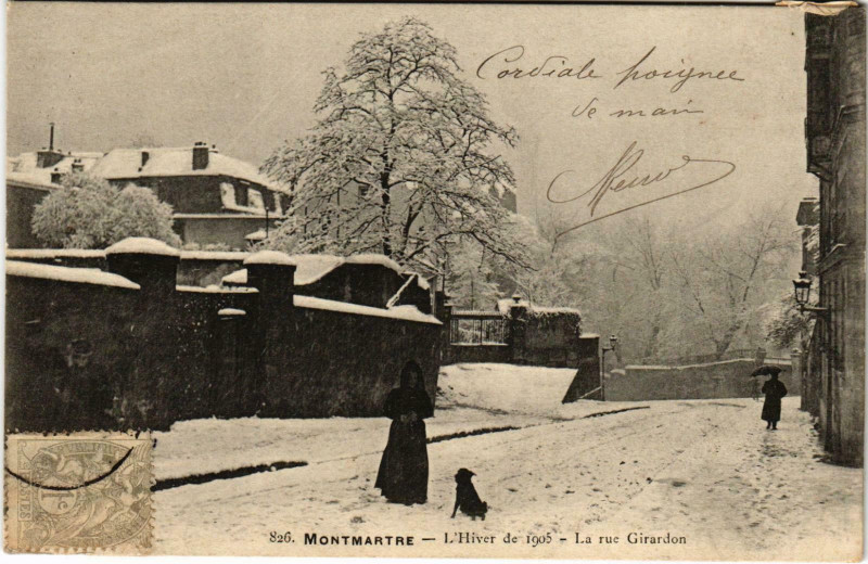 Carte postale ancienne Montmartre - L'Hiver de 1905 - La rue Girardon à Paris 18e