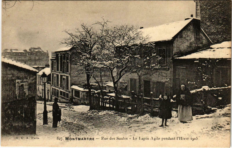 Carte postale ancienne Montmartre - Rue des Saules - Le Lapin Agile pendant l'Hiver 1905 à Paris 18e