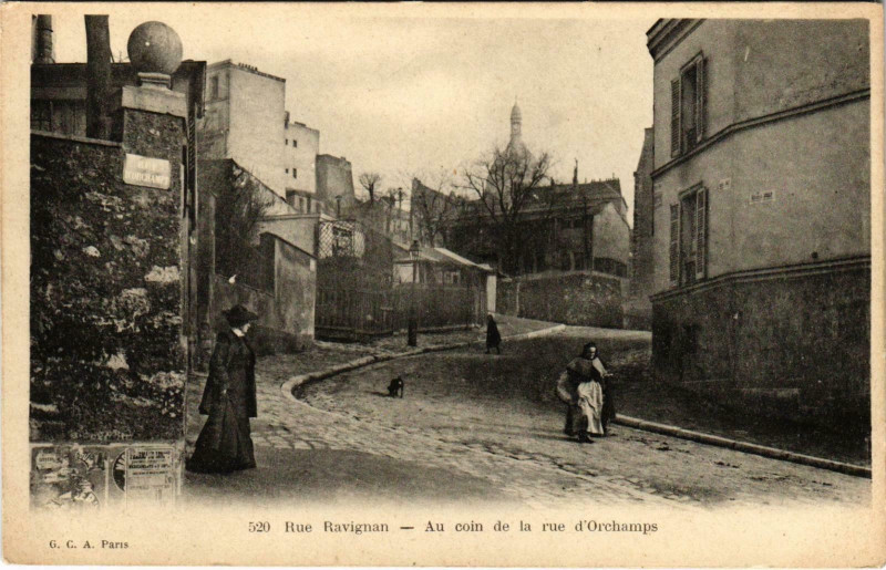 Carte postale ancienne Rue Ravignan — Au coin de la rue d'Orchamps à Paris 18e