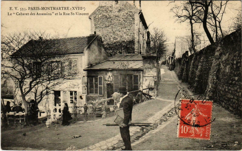 Carte postale ancienne Montmartre - Le Cabaret des Assassins et la Rue Saint-Vincent à Paris 18e