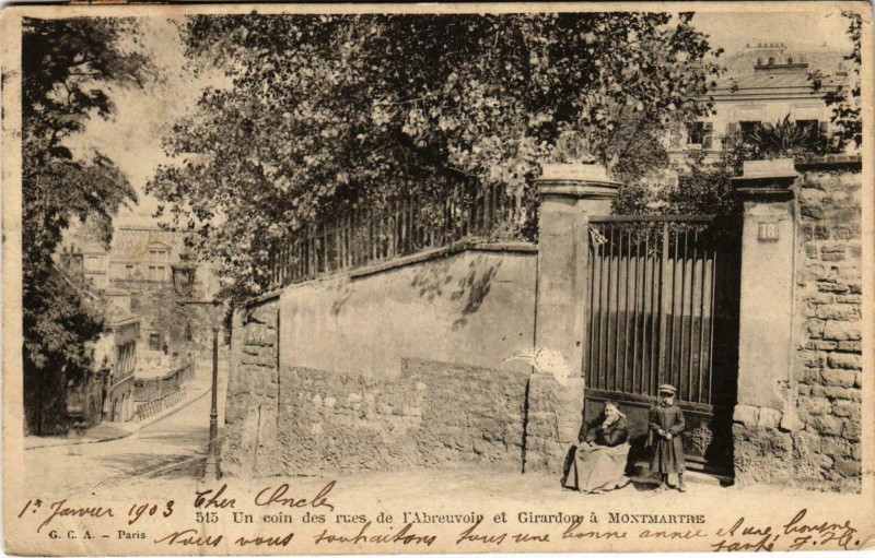Carte postale ancienne Un coin des rues de l'Abreuvoir et Girardon à Montmartre à Paris 18e