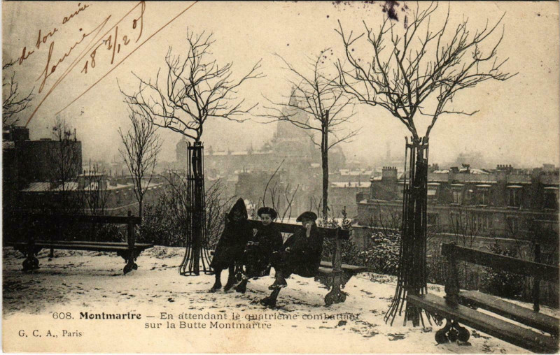 Carte postale ancienne Montmartre - En attendant le quatrième combattant sur la Butte Montmartre à Paris 18e