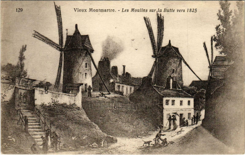 Carte postale ancienne Vieux Montmartre - Les Moulins sur la Butte vers 1825 à Paris 18e