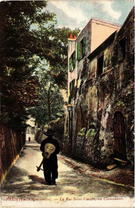 Carte postale ancienne Vieux Montmartre - La Rue Saint-Vincent - Un chansonnier à Paris 18e