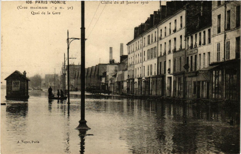 Carte postale ancienne Paris inondé - Cliché du 28 Janvier 1910 - Quai de la Gare à Paris 13e