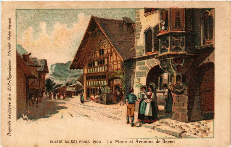 Carte postale ancienne Expo 1900 Paris Village Suisse. La Place et Arcades de Berne à Paris
