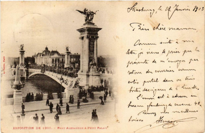 Carte postale ancienne Expo 1900 Paris Pont Alxandre et Petit Palais à Paris