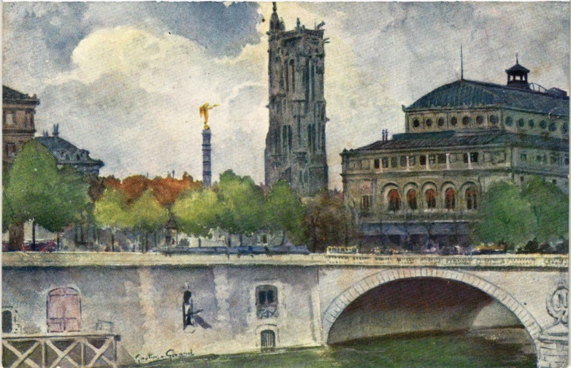 Carte postale ancienne Paris (4e) La Tour Saint-Jacques Le Théatre Sarah Bernhardt à Paris 4e