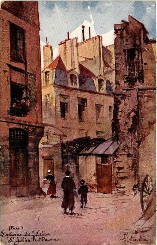 Carte postale ancienne Paris (5e) La Cour de l'Eglise Saint-Julien-le-Pauvre à Paris 5e