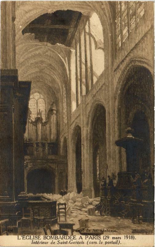 Carte postale ancienne Paris (4e) L'Eglise bombardée a Paris Intérieur de Saint-Gervais à Paris 4e